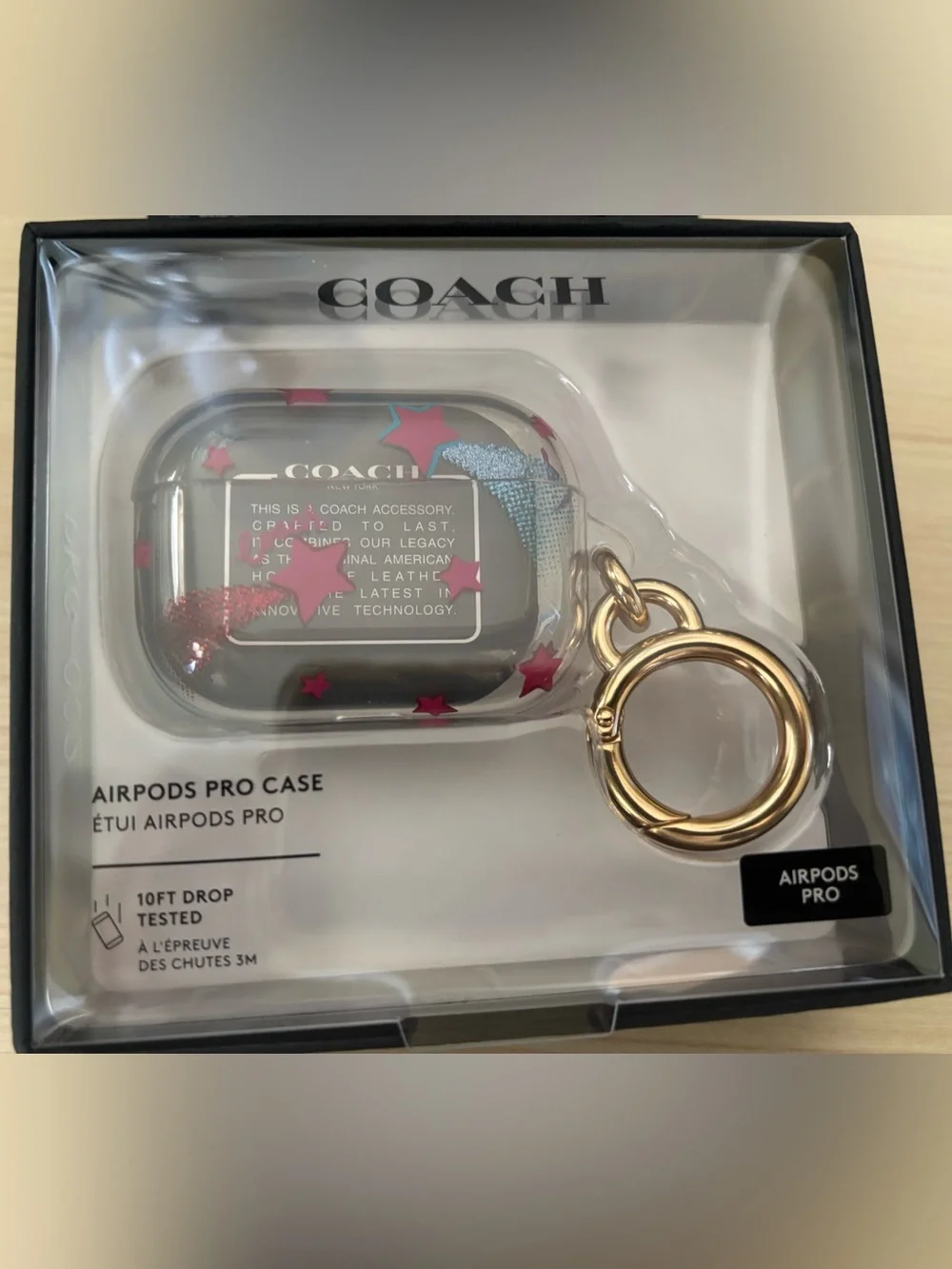 Coach Clear AirPods Pro Case with Pink Stars and Gold Keyring